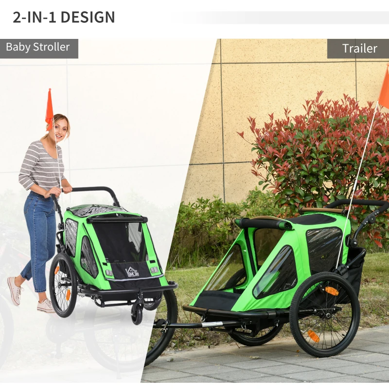 HOMCOM Child Bike Trailer 2 In1 Foldable Baby Stroller 2-Seater Transport Carrier with Adjustable Handlebar Storage Bag Reflector Flag 118L x 83W x 96H cm(Stroller) Green