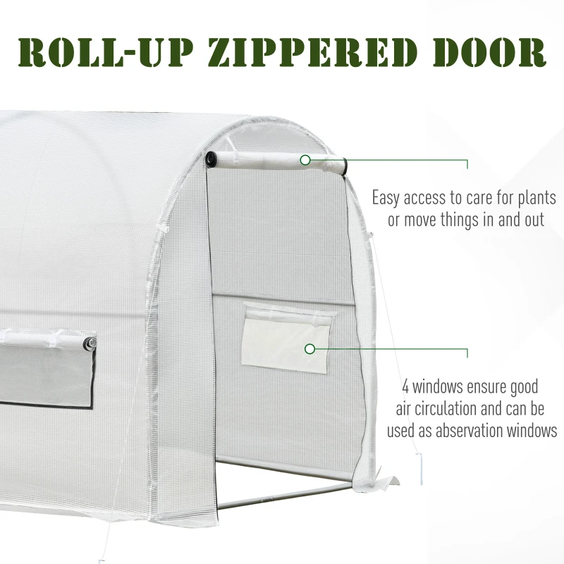 Outsunny 3 x 2 x 1.9m Walk-in Polytunnel Lage Greenhouse with 2 Roll-Up Zipper Doors and 6 Roll-Up Windows , for Seedlings, Herbs, or Flowers, White