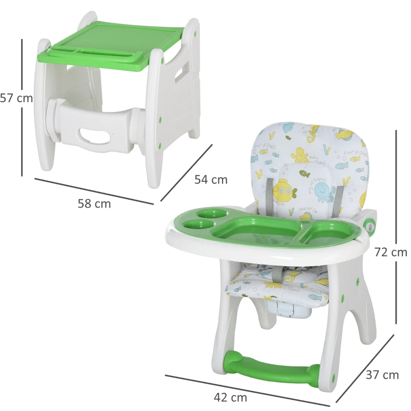 HOMCOM 3 in 1 Convertible Baby High Chair Booster Seat Desk and Chair Dinning Feeding Chair Table Set Adjustable Back Feeding Tray 5-Point Harness White and Green