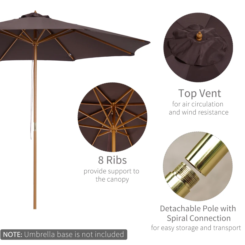 Outsunny 3(m) Fir Wooden Garden Parasol Bamboo Sun Shade Patio Outdoor Umbrella Canopy, Coffee