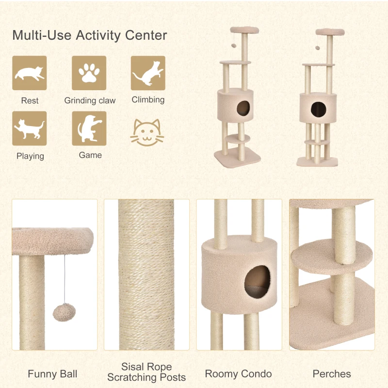 PawHut 5-Levels Plush Cat Tree Tower Activity Center with Sisal Scratching Posts Perch Roomy Condo Funny ball, Beige