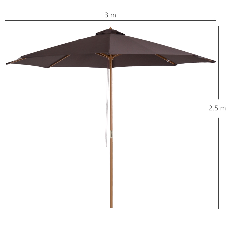 Outsunny 3(m) Fir Wooden Garden Parasol Bamboo Sun Shade Patio Outdoor Umbrella Canopy, Coffee