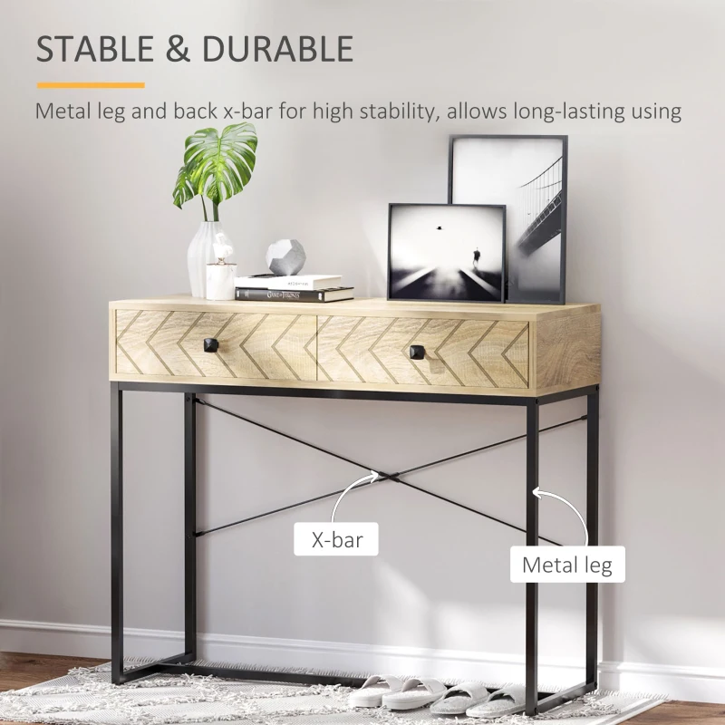 HOMCOM Embossed Arrow Side Table w/ 2 Drawers Metal Frame Handles Back Bar Tabletop Unique Home Style Storage End Console