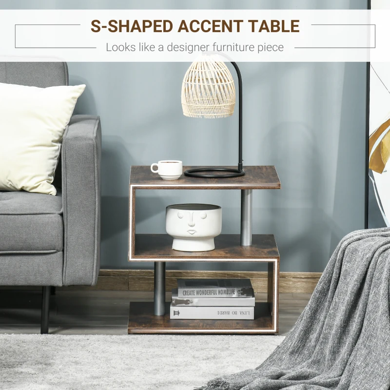 HOMCOM Industrial Vintage Look 3-Tier Side Table, S-Shape Retro End Desk for Living Room Bedroom Dorm, Wood Color
