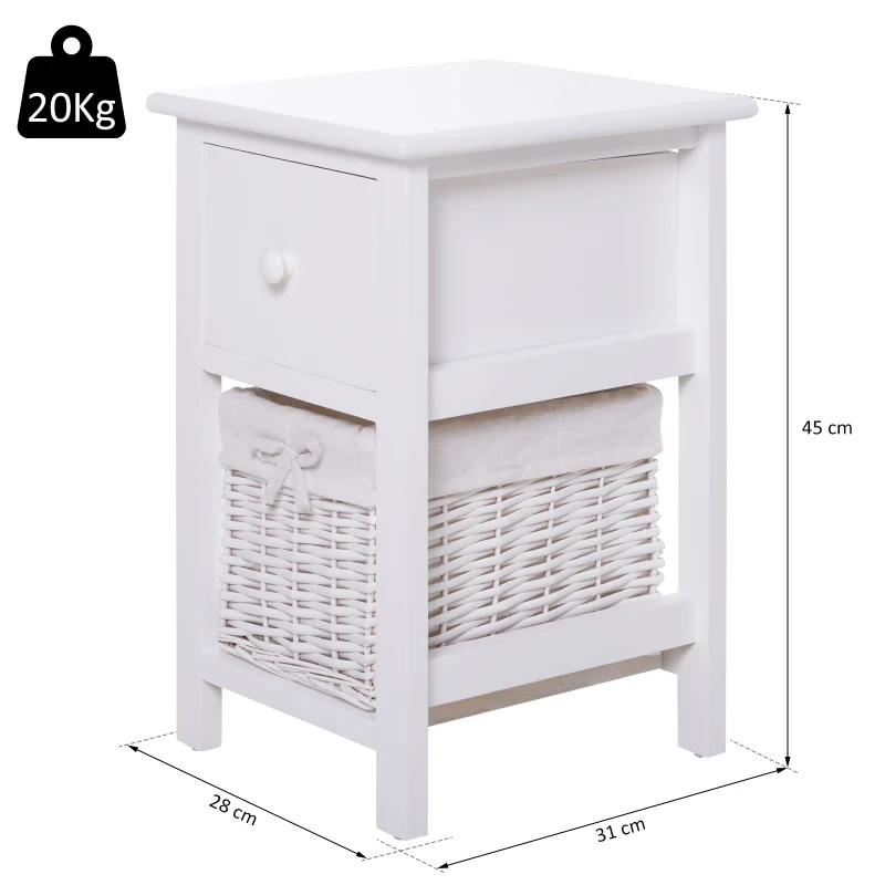 HOMCOM 2 Pieces Wood Bedside Table Storage Nightstand Free Standing Cabinet Vintage Style Desk w/ Drawer, Rattan Basket White