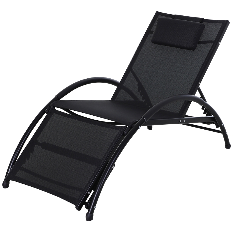 Outsunny Outdoor Lounger Patio Reclining Texteline Chair w/ Pillow, Adjustable Footrest Black