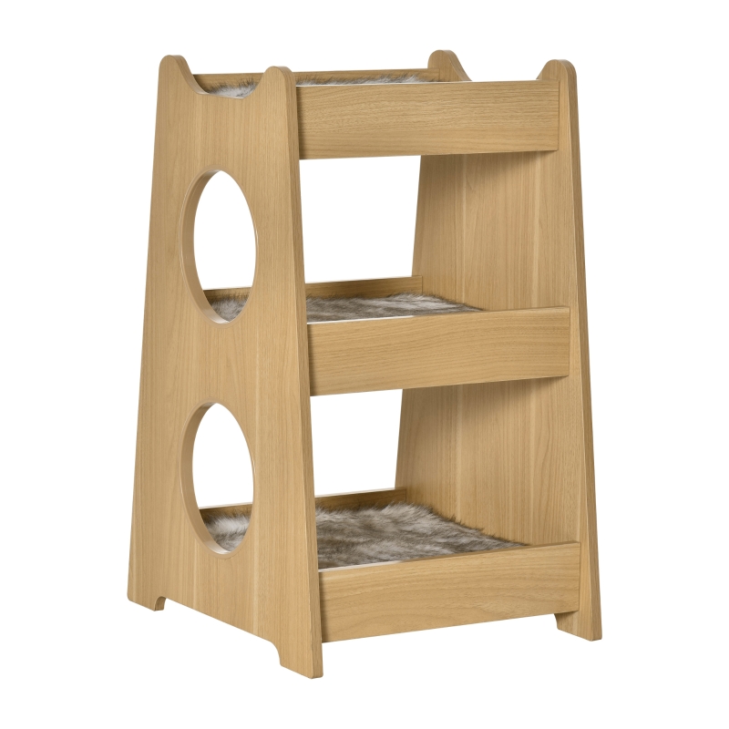 PawHut Wooden Cat Bed for Multi Pets 3 Layers Platform Furniture Climbing Frame Combined with Cozy Soft Plush Cushions 50 cm x 43 cm x 74 cm