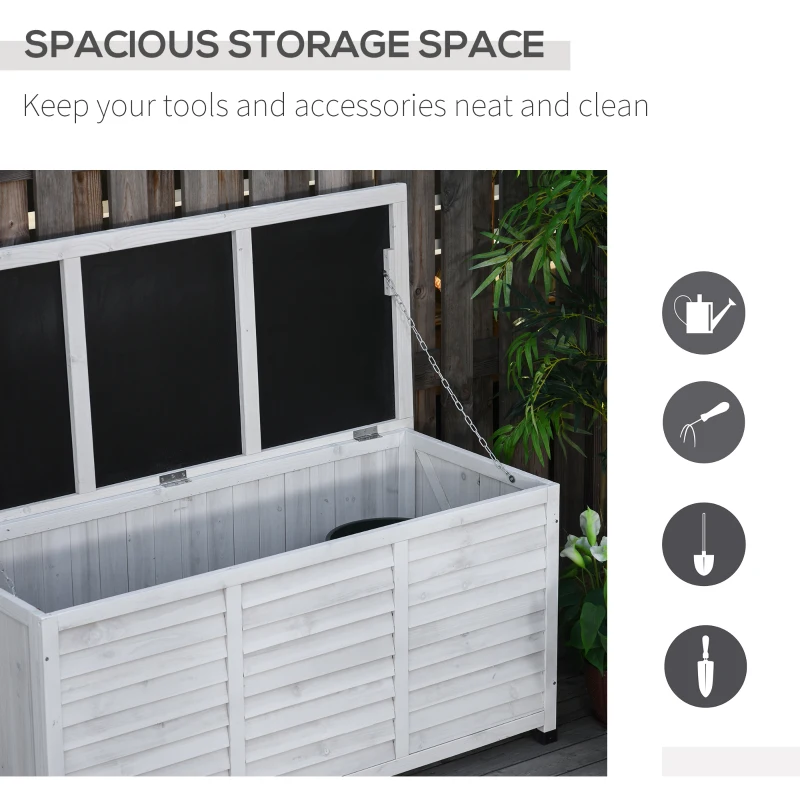 Outsunny Garden Wooden Storage Container Box Multipurpose Outdoor Patio Furniture w/ Chains for Outdoor Garden Tools and Pool Toys, White