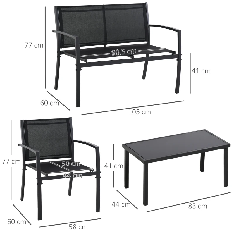 OUTSUNNY 4-Piece Garden Table Set, Powder-Coated Steel Outdoor Conversation Set with Loveseat, Single Chairs and Coffee Table for Patio, Balcony, Poolside, Black