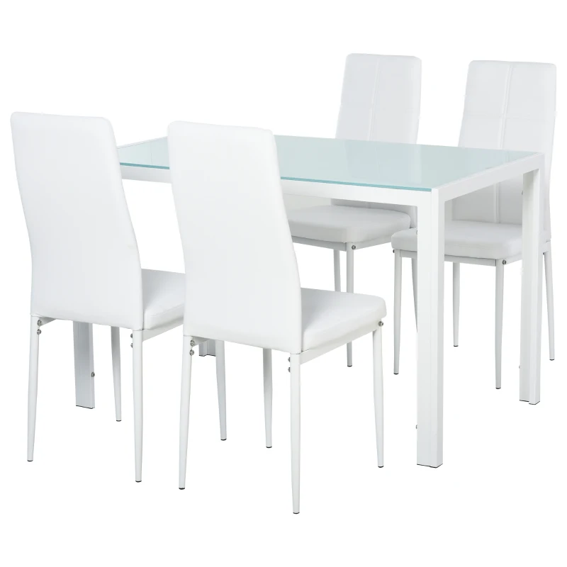 HOMCOM 5-Piece Kitchen Dining Table Set with 4 Faux Leather Metal Frame Chairs Glass Tabletop Desk for Dining Room, Kitchen, Dinette, White