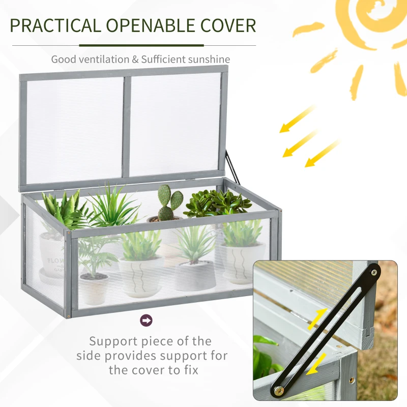 Outsunny 90 x 46 x 40cm Wooden Cold Frame Greenhouse for Plants Outdoor with Openable Cover, Grey