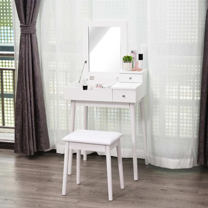 HOMCOM Solid Wood Legs Dressing Table/Desk Removable Mirror Stool 3-Drawers