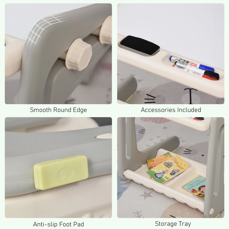 HOMCOM 2-In-1 Kids Table and Chair Set Drawing Board Writing Study Desk with Whiteboard Pens Eraser Storage Tray for Boys Girls Age 1-6