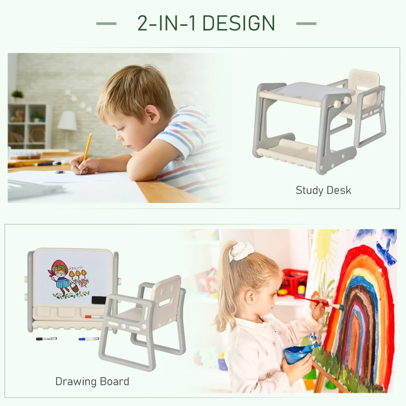HOMCOM 2-In-1 Kids Table and Chair Set Drawing Board Writing Study Desk with Whiteboard Pens Eraser Storage Tray for Boys Girls Age 1-6