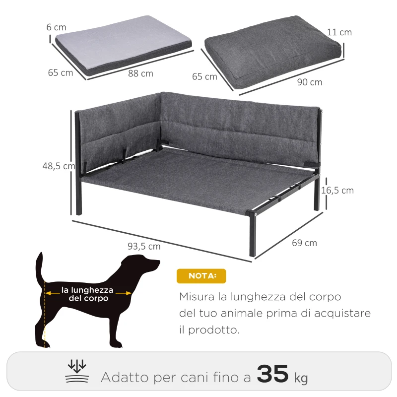 PawHut Raised Dog Bed for Medium-Sized Pet Metal Frame PP Cotton Sponge Cushion Grey 93.5 cm x 69 cm x 48.5 cm