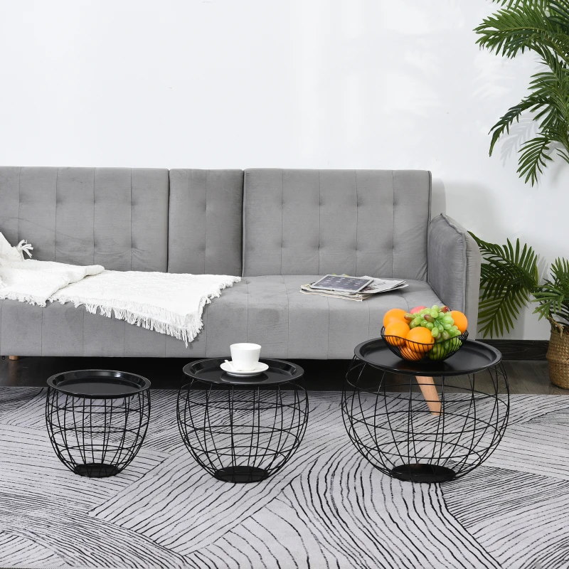 HOMCOM 3 Piece End Table Steel  Storage Organizer Removable Tabletop for Living Room, Meeting Room,Black