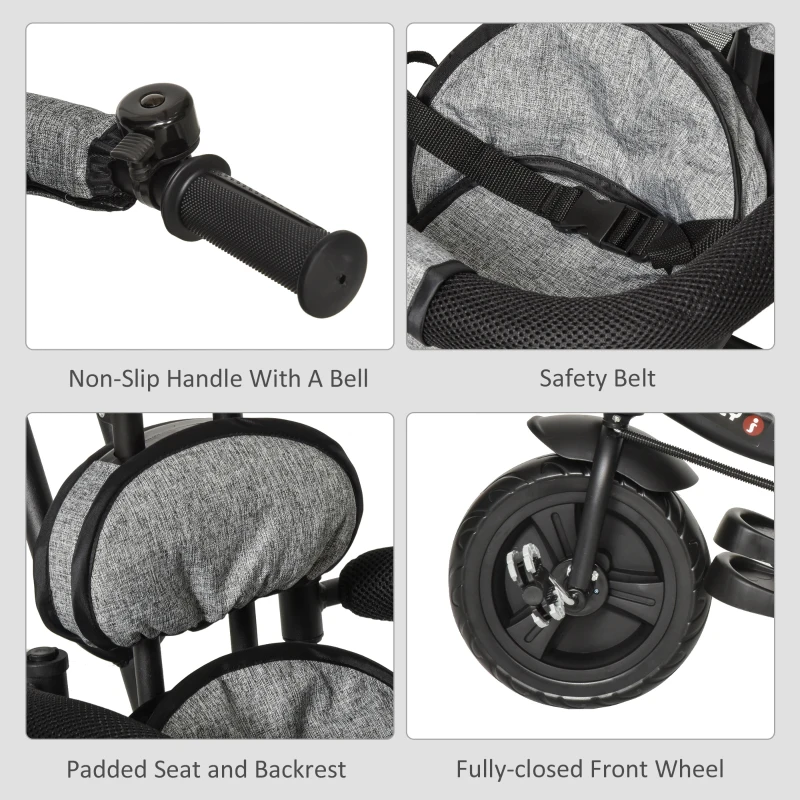 HOMCOM 3 in 1 Kids Tricycle Pedal Push Trike w/ Pusher Removable Canopy Safety Belt Storage Footrest Brake for 18 Months to 5 Years Grey