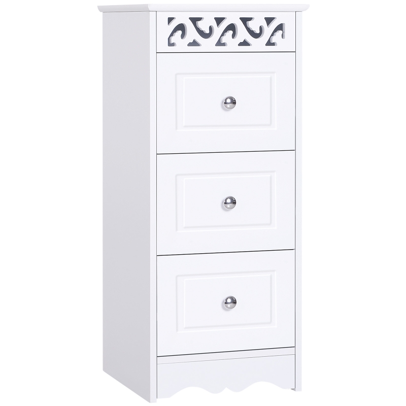 HOMCOM Wooden Three Drawers Storage Unit Floor Cabinet Bathroom Organiser Carved Bar White