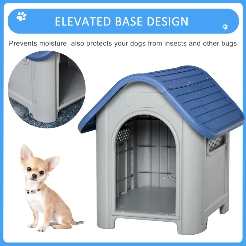 PawHut Plastic Dog House Puppy Kennel Indoor & Outdoor Pet Shelter with Windows for Small Sized Dogs Blue and Grey
