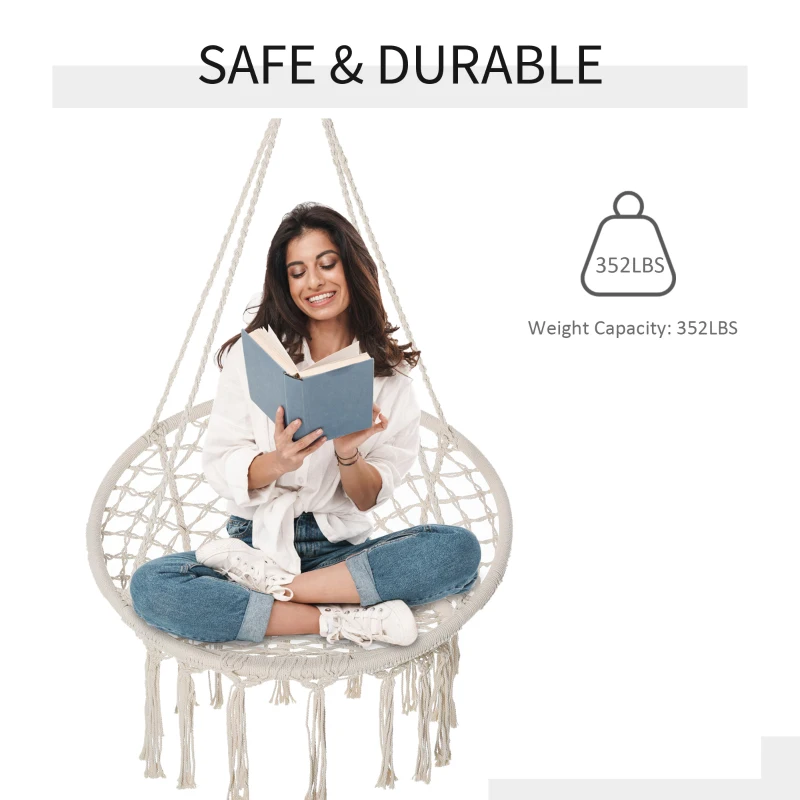 Outsunny Macrame Hanging Chair Swing Hammock for Indoor & Outdoor Use with Backrest, Cotton-Polyester Blend,Fringe Tassels, White