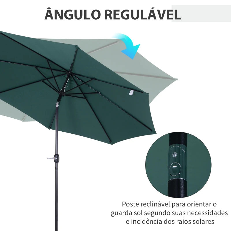 Outsunny Chapéu de Sol de Jardim Ø295x250cm com Manivela Chapéu de Sol Exterior com Mecanismo de Inclinação e Mastro Desmontável de Metal para Terraço Piscina Pátio Verde