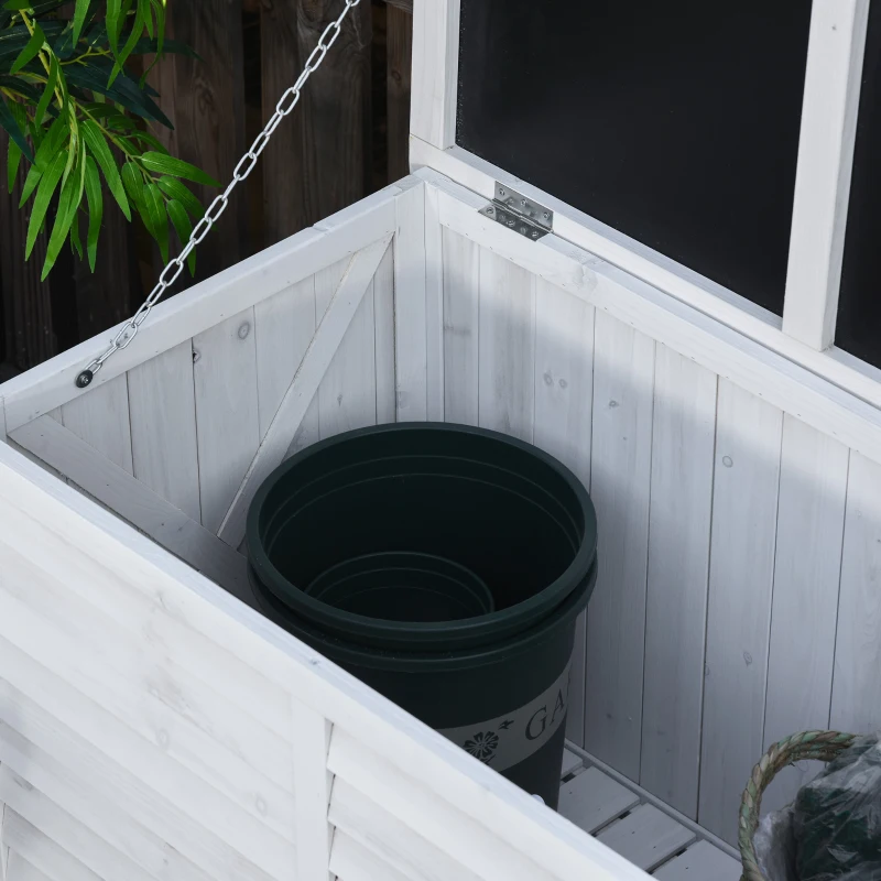 Outsunny Garden Wooden Storage Container Box Multipurpose Outdoor Patio Furniture w/ Chains for Outdoor Garden Tools and Pool Toys, White