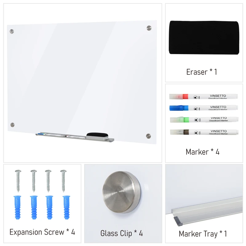 Vinsetto Glass Magnetic Dry Erase Whiteboard, Frameless Board on Wall, w/ Dry Eraser, 4 Markers and Pen Holder 35.5" x 23.5" x 0.18"