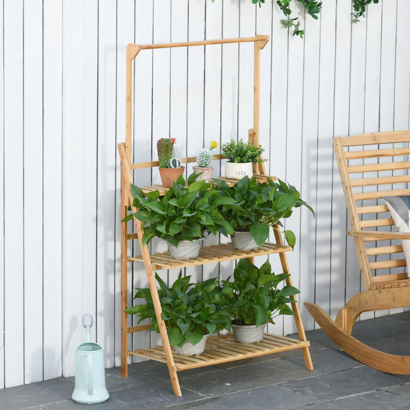 Outsunny 3 Tier Bamboo Hanging Plant Stand Planter Shelves Storage Rack Display with Adjustable Design Indoor Outdoor, 70 x 40 x 143cm