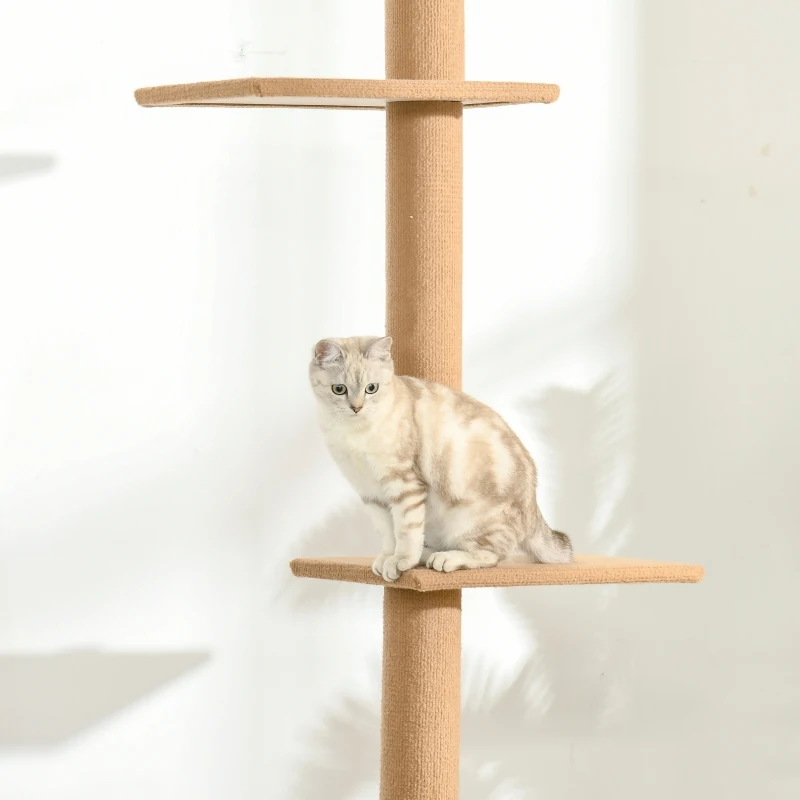 PawHut 260cm Floor To Ceiling Cat Tree w/ Three Platforms Activity Centre - Brown