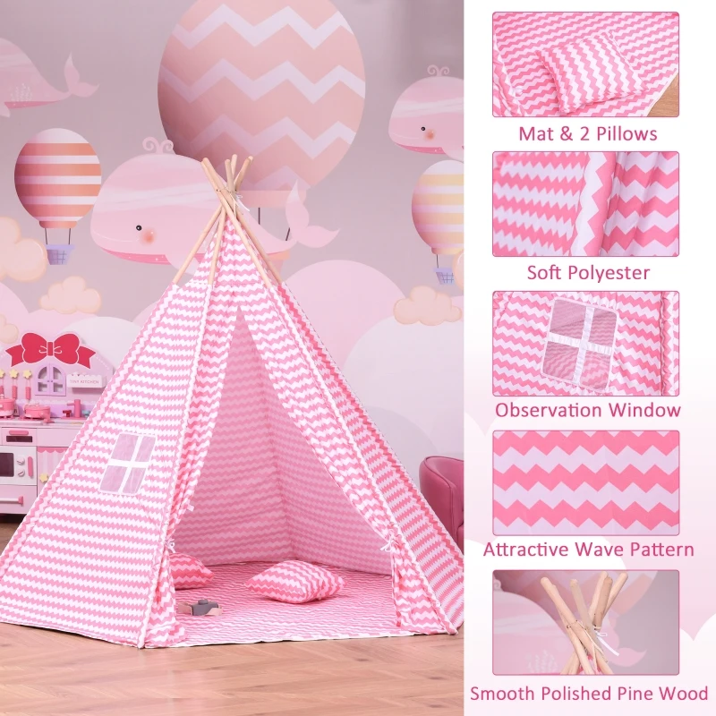 HOMCOM Kids Teepee Play Tent Portable Children Playhouse Toy for Boys and Girls with Mat Pillow Carry Case Indoor Outdoor Games Pink