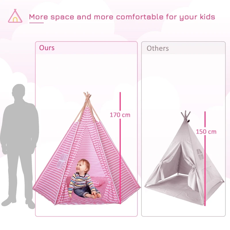 HOMCOM Kids Teepee Play Tent Portable Children Playhouse Toy for Boys and Girls with Mat Pillow Carry Case Indoor Outdoor Games Pink