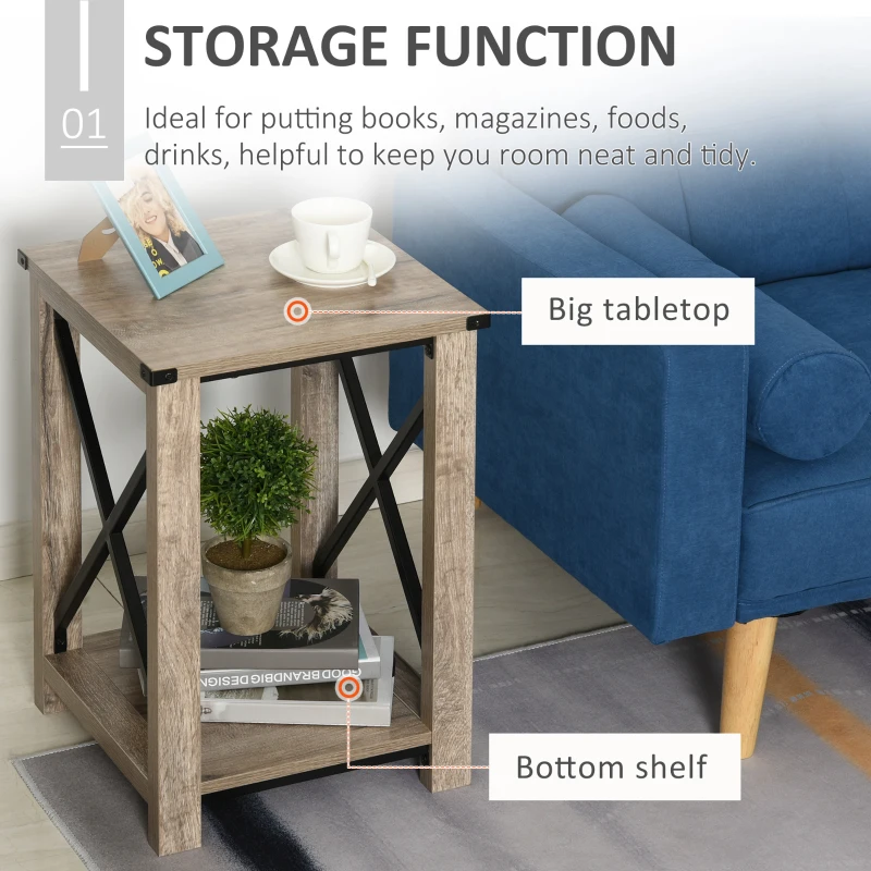 HOMCOM Industrial Chic CoffeeTable with Bottom Storage Shelf, Multifunctional End Side Desk with Side X-Bar, for Living Room Bedroom Dorm Waiting Room,Oak Grain