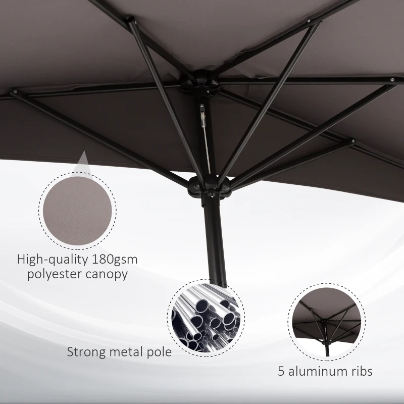 Outsunny Balcony Half Parasol Semi Round Umbrella Patio Aluminium Frame Crank Handle (2.7m, Grey)- NO BASE INCLUDED