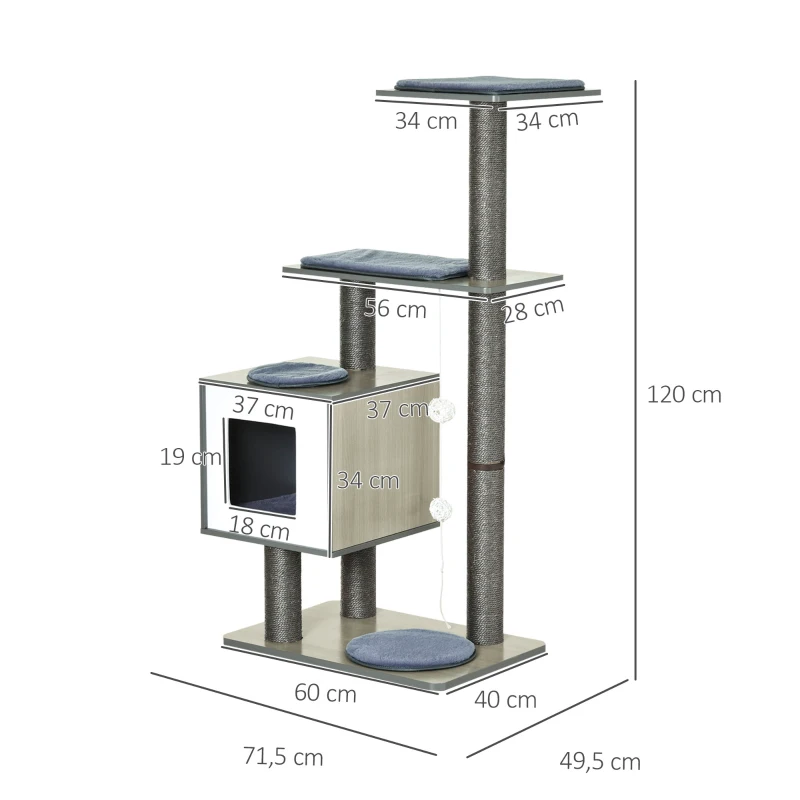 PawHut 120cm Multi-level Cat Tree Kittens Activity Tower with Scratching Posts Pet Play House Furniture, Grey