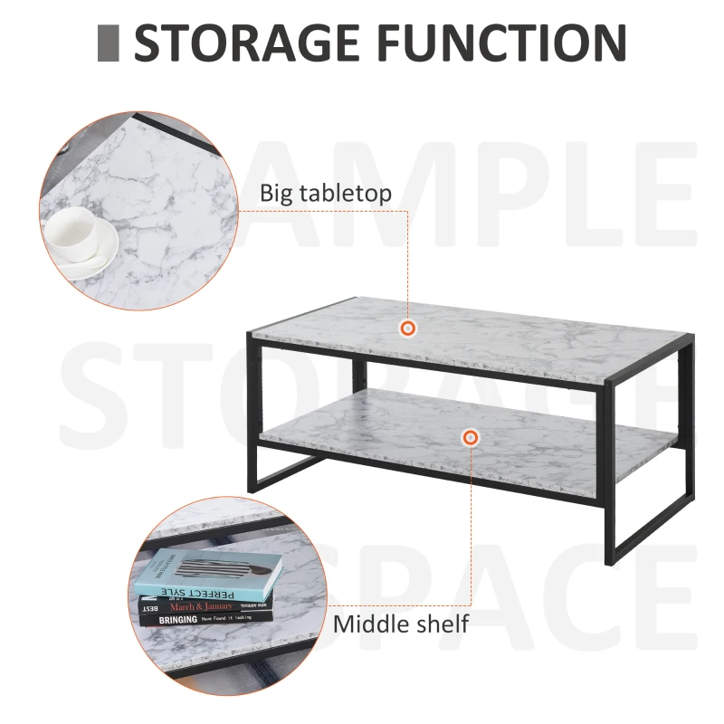 HOMCOM Minimalist Particle Board Coffee Table, Modern Marble Texture End/Side Table with Extra Storage Shelf, for Living Room Bedroom Dorm