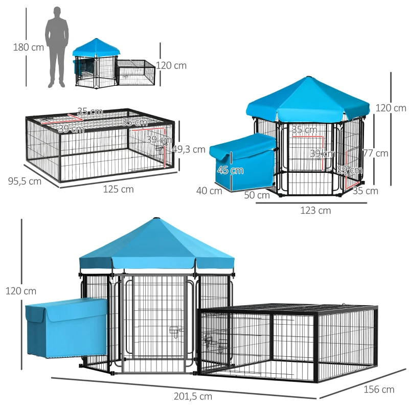 PawHut Steel Chicken Coop, Outdoor Hexagonal Hen House, Heavy-Duty Detachable Poultry Cage w/ Water-Resistant Canopy, Run, Nesting Box, Lockable Doors - Blue