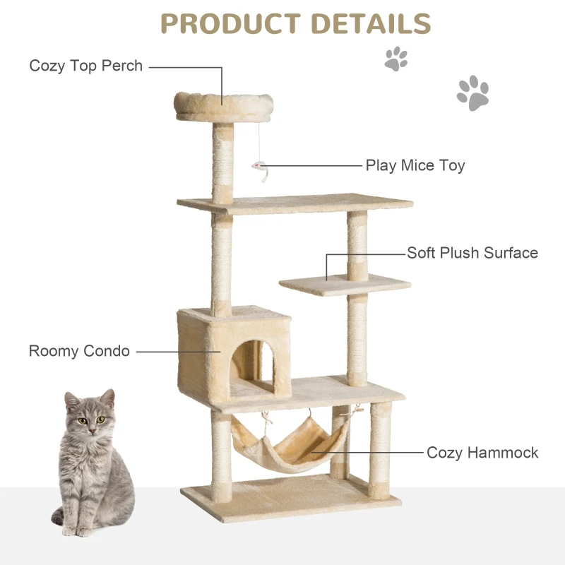 PawHut 152cm Plush Cat Tree Tower Climbing Frame Activity Center with Sisal Scratching Posts Hammock Perch Condo Dangle Toy Beige