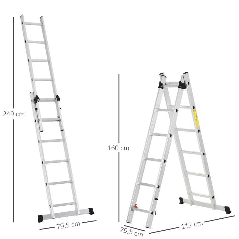 HOMCOM Durhand 2.5m Rail-step Joints Extension Aluminum Ladder, A-frame ，2 Usage Forms