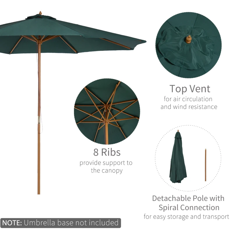 Outsunny 3m Wood Garden Parasol Sun Shade Patio Outdoor Market Umbrella Canopy with Top Vent, Green