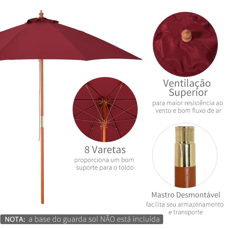 Outsunny Chapéu de Sol com Mastro Desmontável Ângulo Ajustável Sistema de Polia para Exterior Jardim Pátio Piscina Terraço Ø257x253 cm Vinho