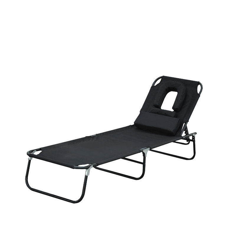 Outsunny Sun Lounger Foldable Reclining Chair with Pillow and Reading Hole Garden Beach Outdoor Recliner Adjustable Black