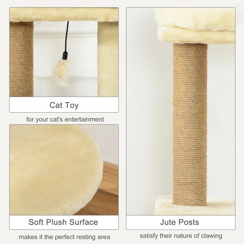 PawHut Cat Tree Tower 136cm Climbing Kitten Activity Center with Jute Scratching Post Perch Roomy Condo Removable Felt Hanging Toy Bed Beige