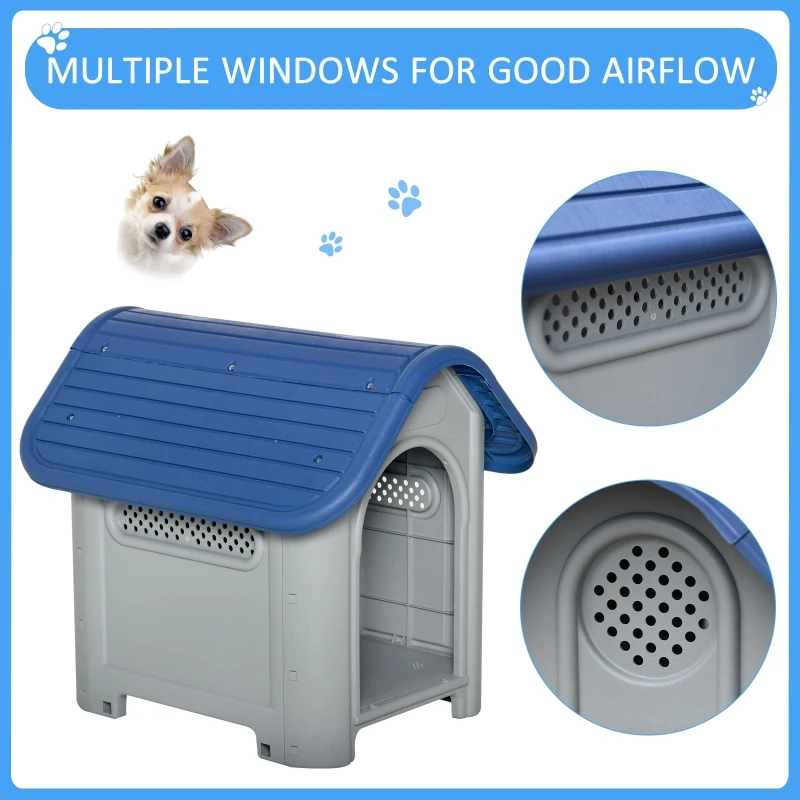PawHut Plastic Dog House Puppy Kennel Indoor & Outdoor Pet Shelter with Windows for Small Sized Dogs Blue and Grey