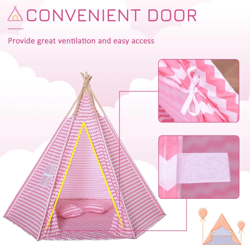 HOMCOM Kids Teepee Play Tent Portable Children Playhouse Toy for Boys and Girls with Mat Pillow Carry Case Indoor Outdoor Games Pink