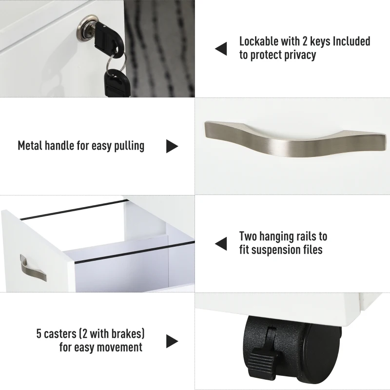 HOMCOM Modern Simple Design File Cabinet 2 Drawers 5 Caster Wheels with Lock Letter/A4 File Space Saving White