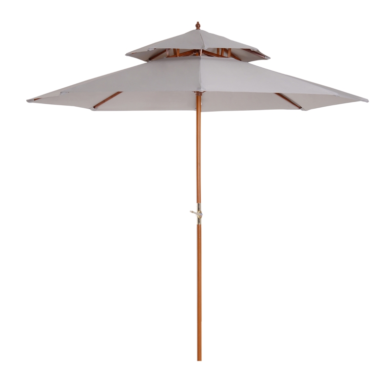 Outsunny 2.7m Wood Garden Parasol Sun Shade Patio Outdoor Market Umbrella with 2-Tier Canopy, Grey