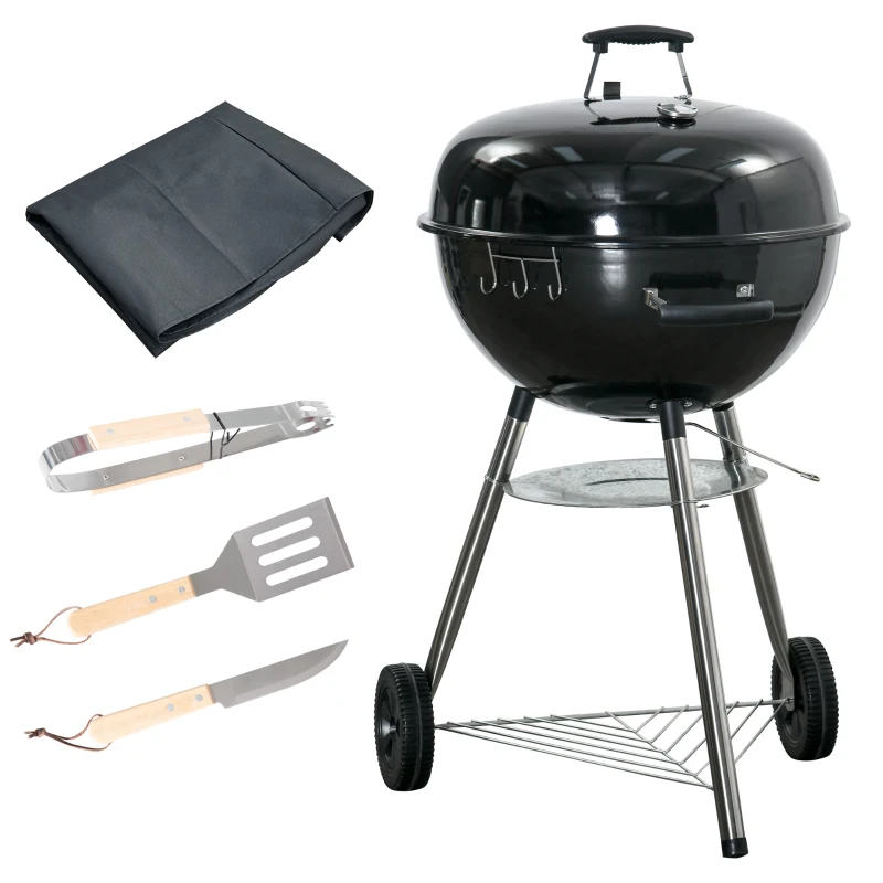 Outsunny BBQ houtskoolgrill met thermometer, zwart, 65 x 65 x 108 cm