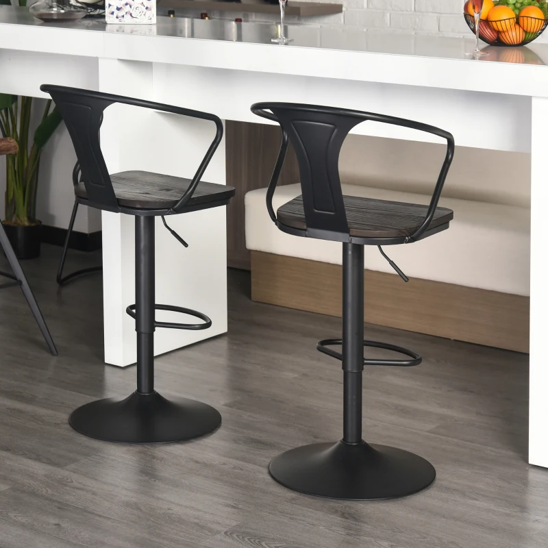 HOMCOM Modern Set of 2 Bar Chairs Swivel Chair Height Adjustable Backrest Wooden Metal 5 Caster Wheels Sturdy Black