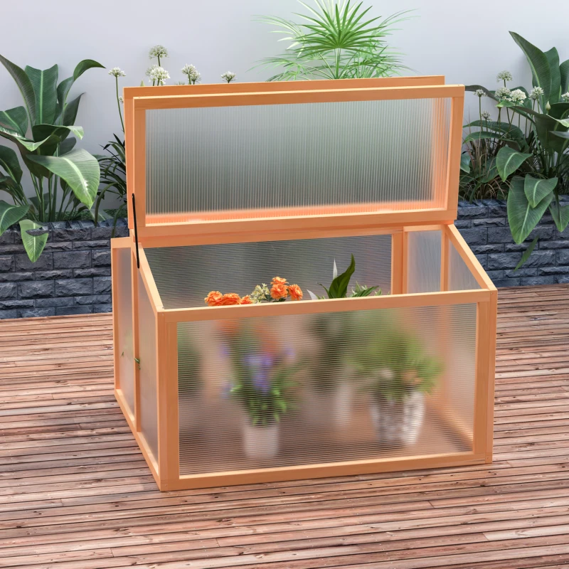 Outsunny 90 x 80 x 58cm Wooden Cold Frame Greenhouse for Plants Outdoor with Openable Covers, Orange