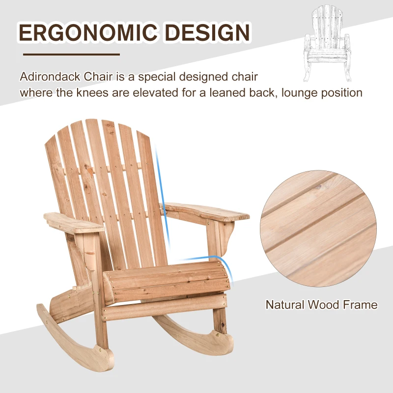 OUTSUNNY Adirondack Rocking Chair with Slatted Design and Oversize Back, Lounger for Porch, Poolside, Garden,Teak